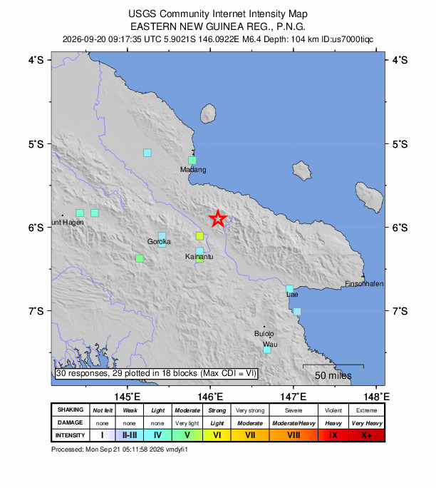 USGS DYFI community-reported intensity map for the M6.4 earthquake near 49 km NNE of Kainantu, Papua New Guinea