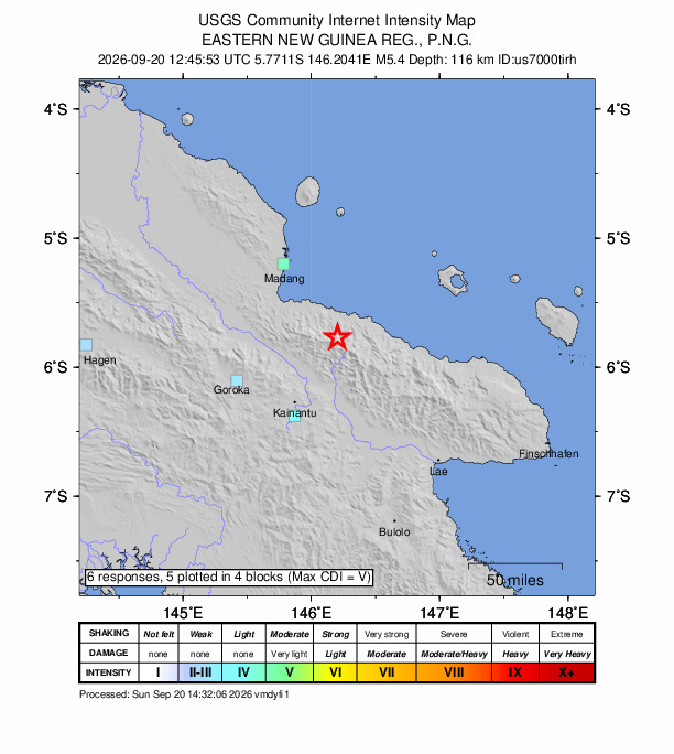 USGS DYFI community-reported intensity map for the M5.4 earthquake near 68 km NNE of Kainantu, Papua New Guinea