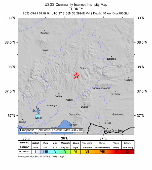 USGS DYFI community-reported intensity map for the M4.9 earthquake near 26 km SE of Saimbeyli, Turkey