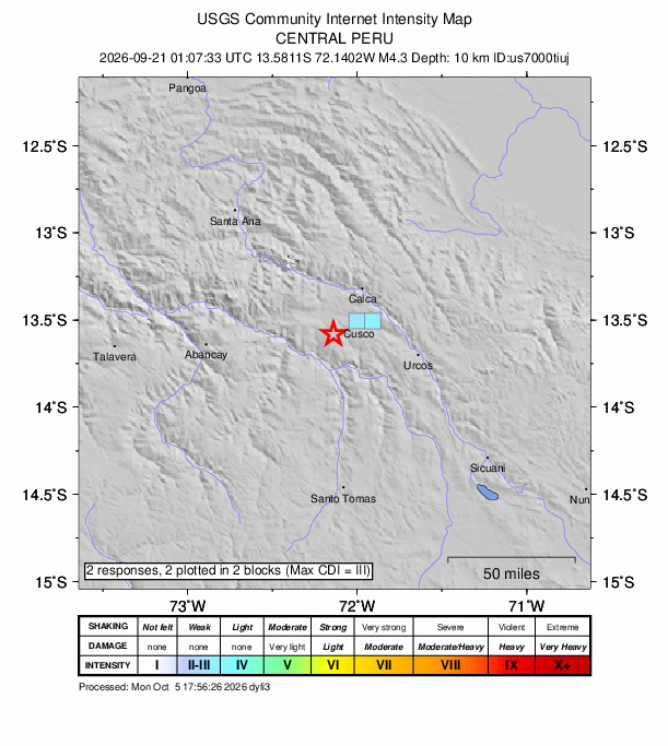 USGS DYFI community-reported intensity map for the M4.3 earthquake near 11 km ENE of Chinchaypujio, Peru
