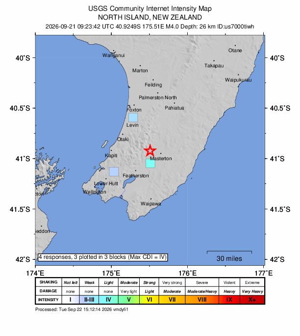 USGS DYFI community-reported intensity map for the M4.0 earthquake near 9 km WNW of Solway, New Zealand