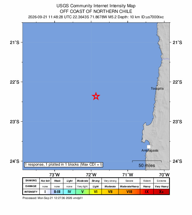 USGS DYFI community-reported intensity map for the M5.2 earthquake near 167 km WNW of Mejillones, Chile