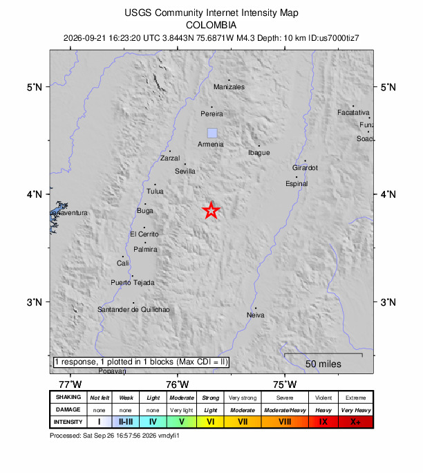 USGS DYFI community-reported intensity map for the M4.3 earthquake near 20 km SSW of Roncesvalles, Colombia