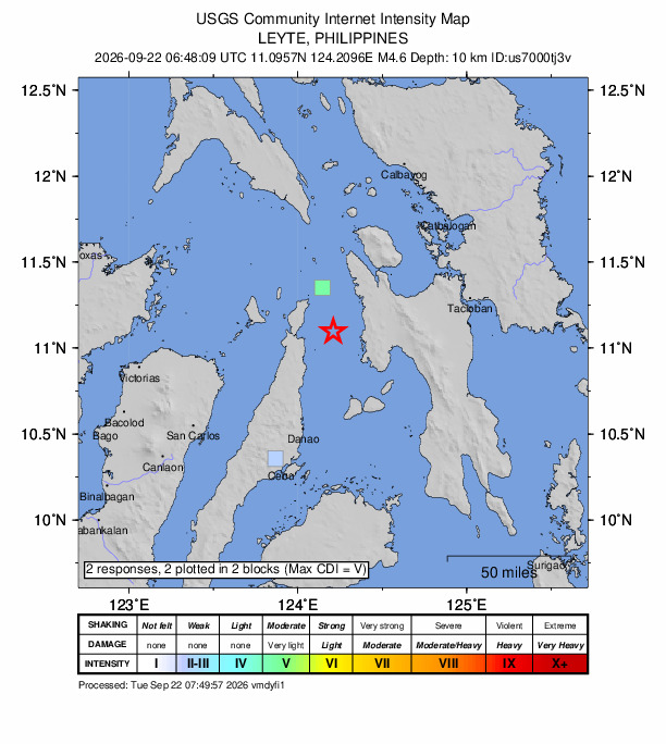 USGS DYFI community-reported intensity map for the M4.6 earthquake near 19 km ENE of Nailong, Philippines