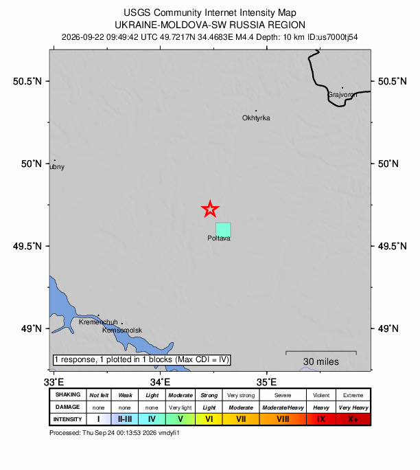 USGS DYFI community-reported intensity map for the M4.4 earthquake near 12 km SSW of Dykanka, Ukraine