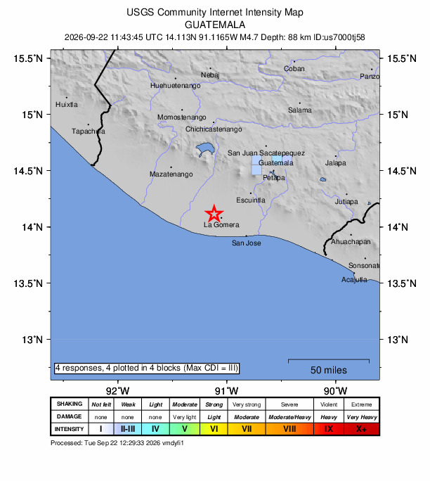 USGS DYFI community-reported intensity map for the M4.7 earthquake near 7 km WNW of La Gomera, Guatemala
