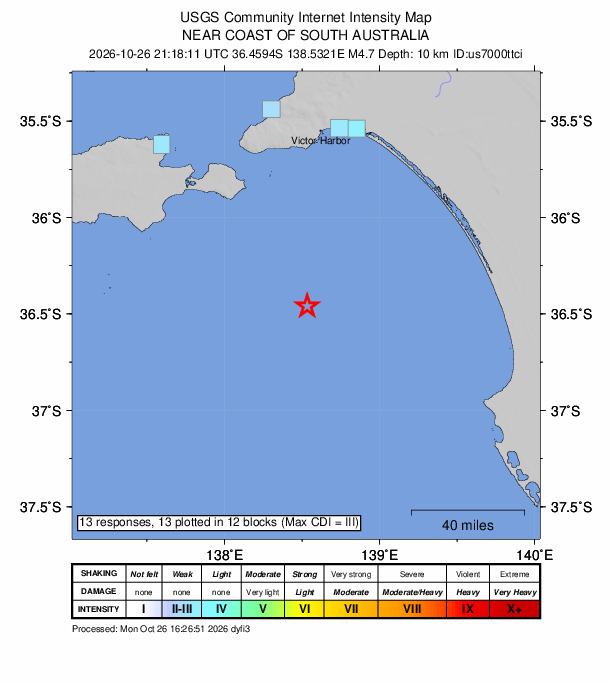 USGS DYFI community-reported intensity map for the M4.7 earthquake near 98 km S of Encounter Bay, Australia