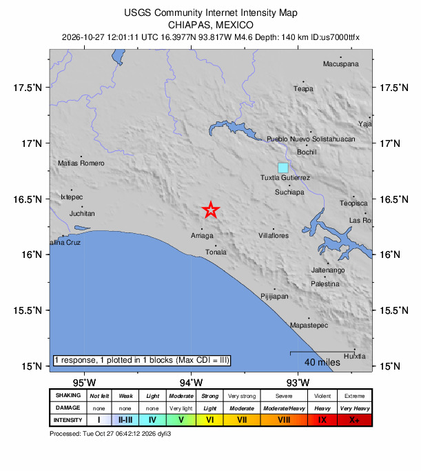 USGS DYFI community-reported intensity map for the M4.6 earthquake near 5 km ENE of Tierra y Libertad, Mexico