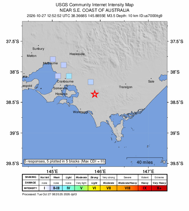 USGS DYFI community-reported intensity map for the M3.5 earthquake near 9 km NE of Korumburra, Australia
