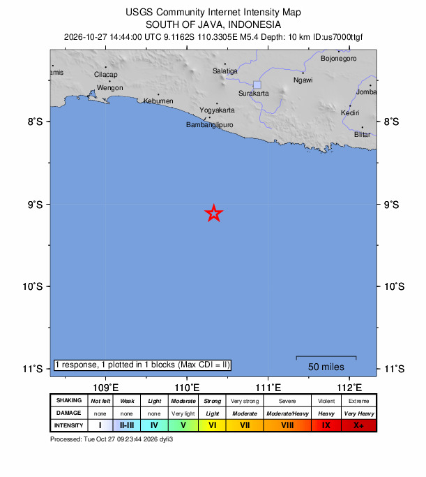 USGS DYFI community-reported intensity map for the M5.4 earthquake near 128 km S of Pundong, Indonesia