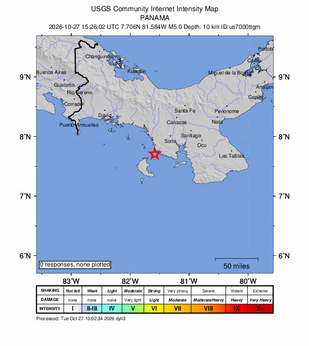 USGS DYFI community-reported intensity map for the M5.0 earthquake near 27 km W of Río Grande, Panama