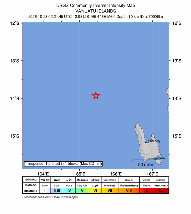 USGS DYFI community-reported intensity map for the M6.0 earthquake near 214 km NW of Port-Olry, Vanuatu