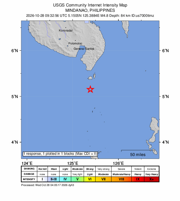 USGS DYFI community-reported intensity map for the M4.8 earthquake near 29 km SSW of Sarangani, Philippines
