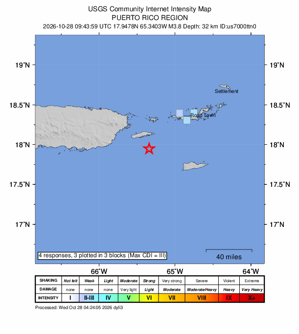 USGS DYFI community-reported intensity map for the M3.8 earthquake near 21 km SE of Esperanza, Puerto Rico