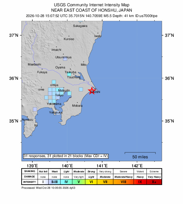 USGS DYFI community-reported intensity map for the M5.5 earthquake near 5 km ESE of Asahi, Japan