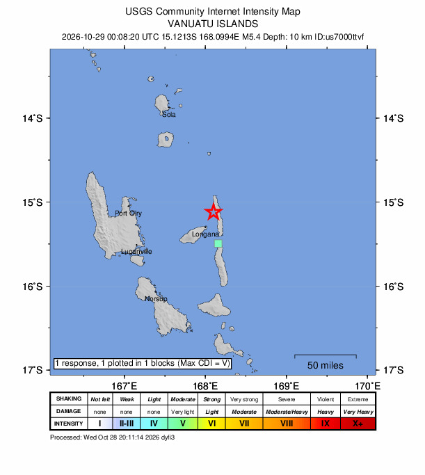 USGS DYFI community-reported intensity map for the M5.4 earthquake near 109 km ENE of Luganville, Vanuatu