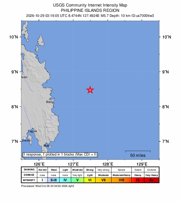 USGS DYFI community-reported intensity map for the M5.7 earthquake near 121 km ENE of Barcelona, Philippines