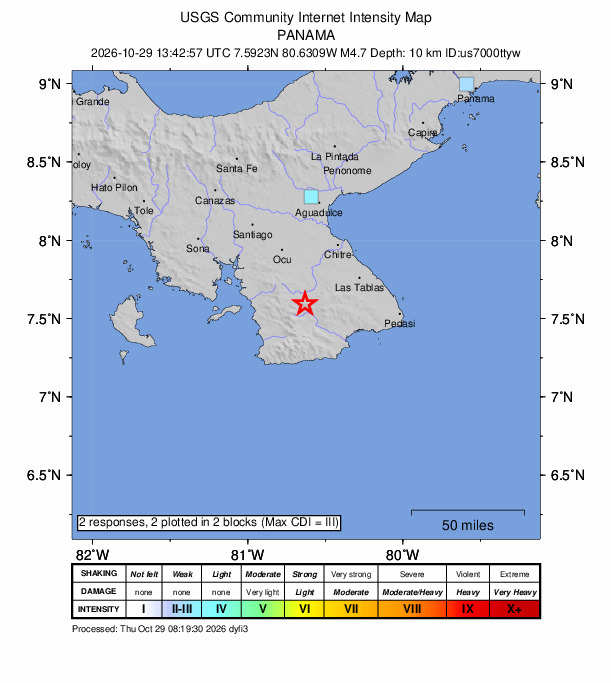 USGS DYFI community-reported intensity map for the M4.7 earthquake near 6 km SE of Pitaloza Arriba, Panama