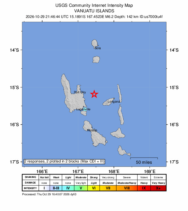 USGS DYFI community-reported intensity map for the M6.2 earthquake near 43 km ESE of Port-Olry, Vanuatu