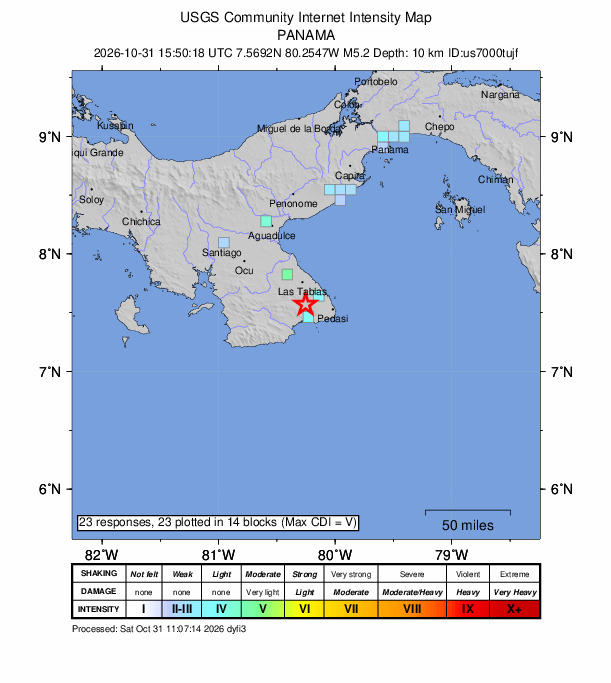 USGS DYFI community-reported intensity map for the M5.2 earthquake near 4 km S of Bajo Corral, Panama