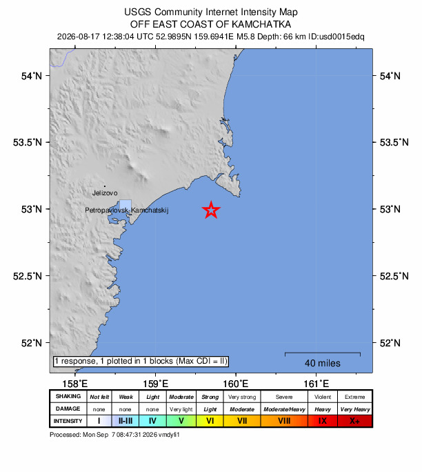 USGS DYFI community-reported intensity map for the M5.8 earthquake near 72 km E of Petropavlovsk-Kamchatsky, Russia