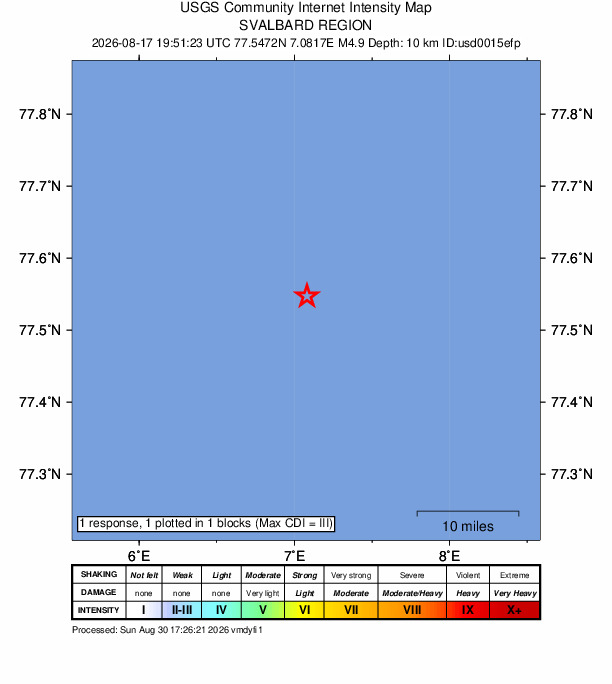 USGS DYFI community-reported intensity map for the M4.9 earthquake near 214 km WSW of Longyearbyen, Svalbard and Jan Mayen