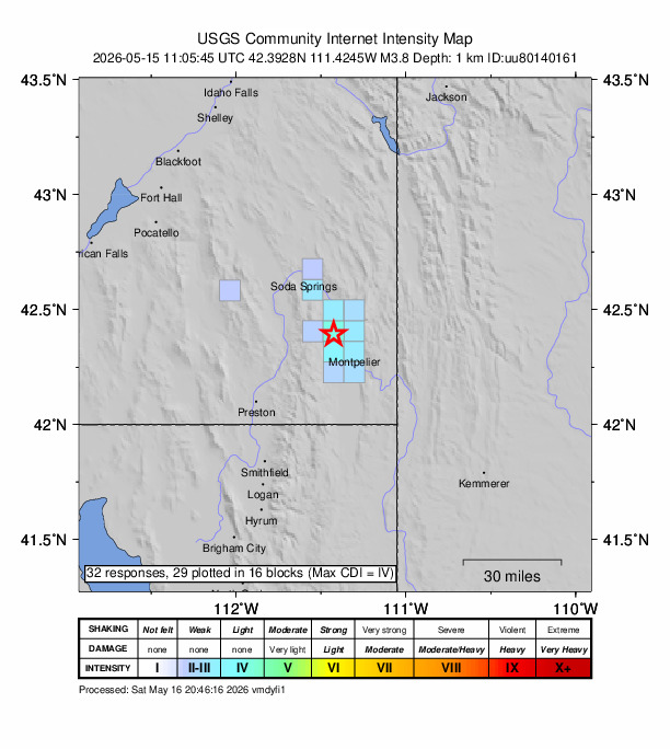 USGS DYFI community-reported intensity map for the M3.8 earthquake near 8 km W of Bennington, Idaho
