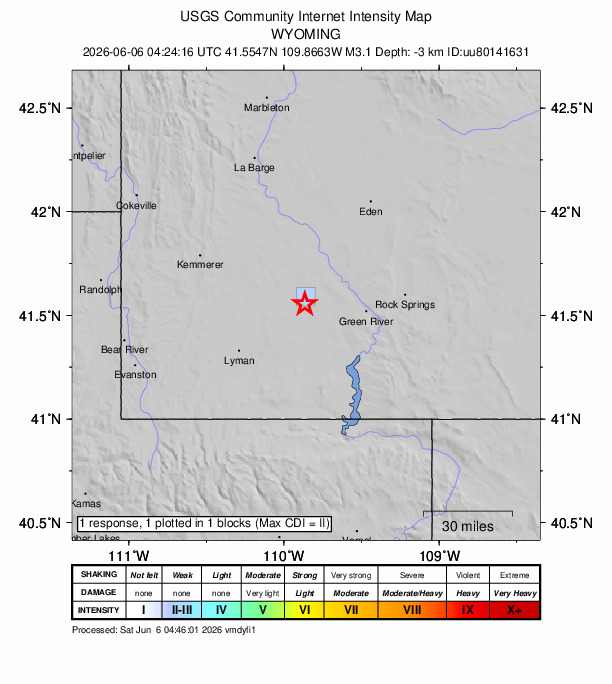 USGS DYFI community-reported intensity map for the M3.1 earthquake near 1 km NNW of Little America, Wyoming