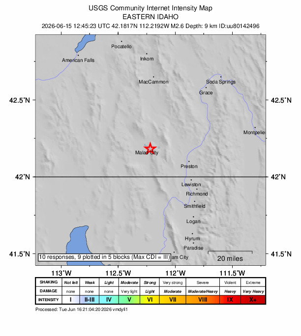 USGS DYFI community-reported intensity map for the M2.6 earthquake near 2 km ESE of Malad City, Idaho