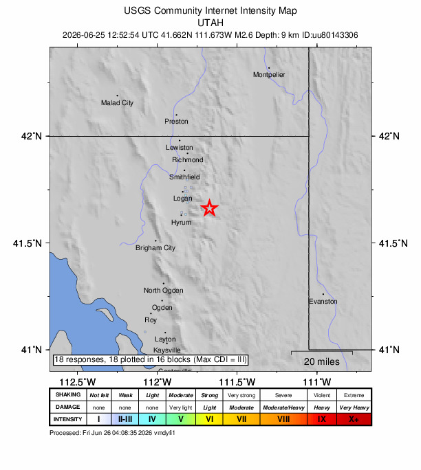 USGS DYFI community-reported intensity map for the M2.6 earthquake near 12 km E of Millville, Utah