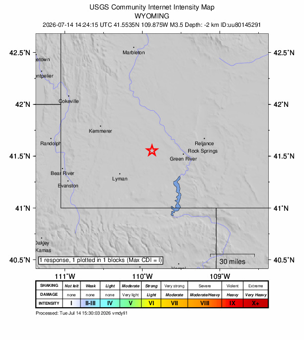 USGS DYFI community-reported intensity map for the M3.5 earthquake near 1 km NW of Little America, Wyoming