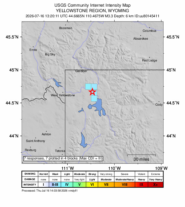 USGS DYFI community-reported intensity map for the M3.3 earthquake near 39 km SSE of Mammoth, Wyoming