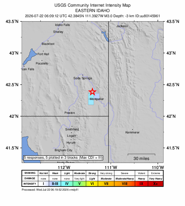 USGS DYFI community-reported intensity map for the M3.0 earthquake near 5 km W of Bennington, Idaho