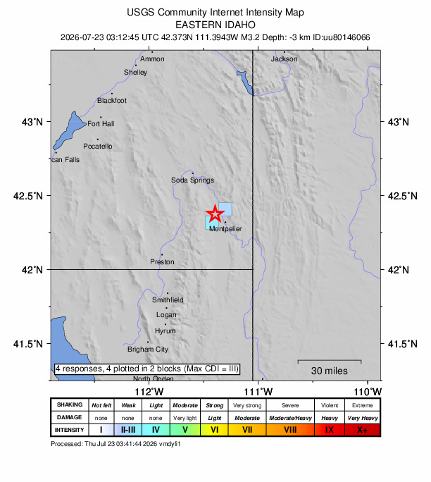 USGS DYFI community-reported intensity map for the M3.2 earthquake near 6 km WSW of Bennington, Idaho