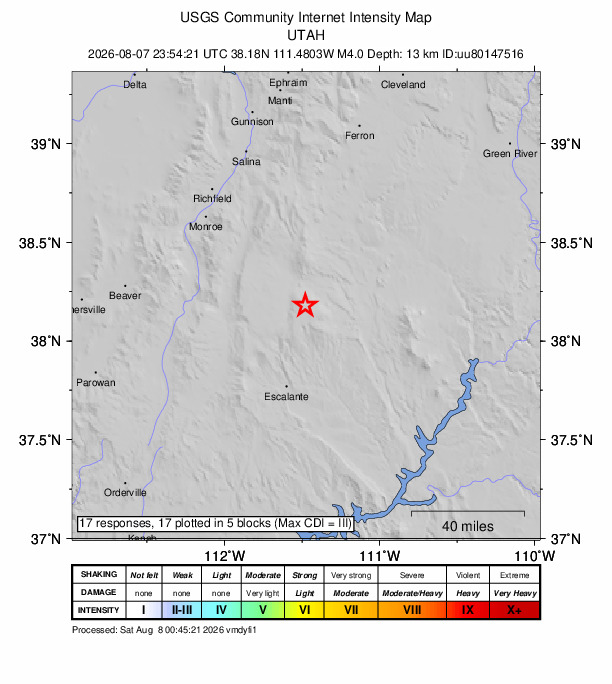 USGS DYFI community-reported intensity map for the M0.8 earthquake near 1 km ENE of Koosharem, Utah
