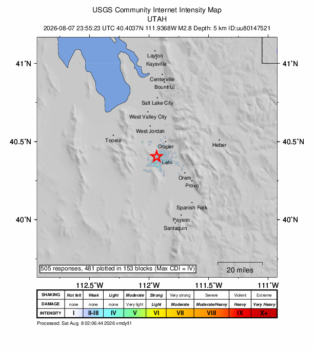 USGS DYFI community-reported intensity map for the M2.8 earthquake near 6 km NNW of Saratoga Springs, Utah
