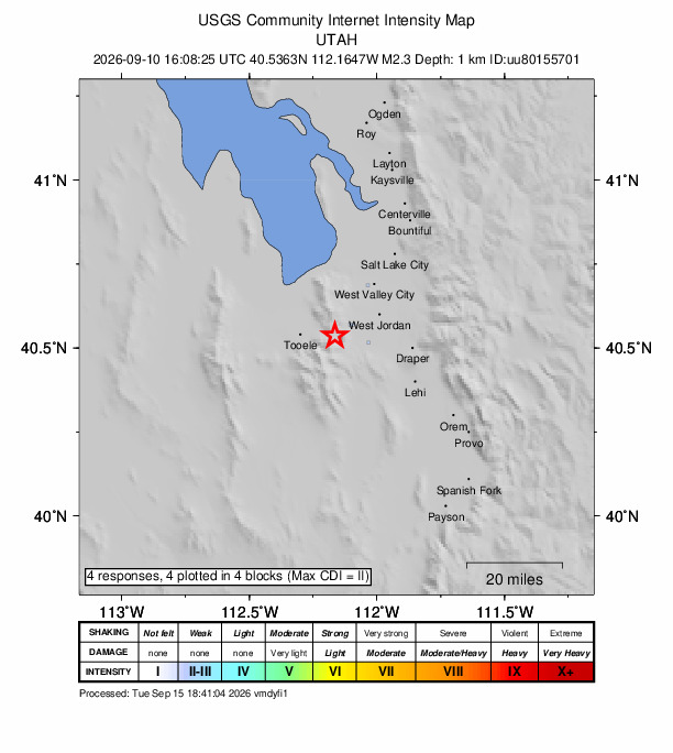 USGS DYFI community-reported intensity map for the M2.3 earthquake near 3 km SW of Bingham Canyon, Utah