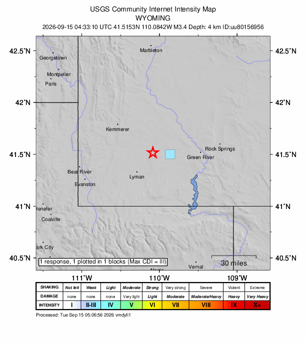 USGS DYFI community-reported intensity map for the M3.4 earthquake near 12 km SW of Granger, Wyoming