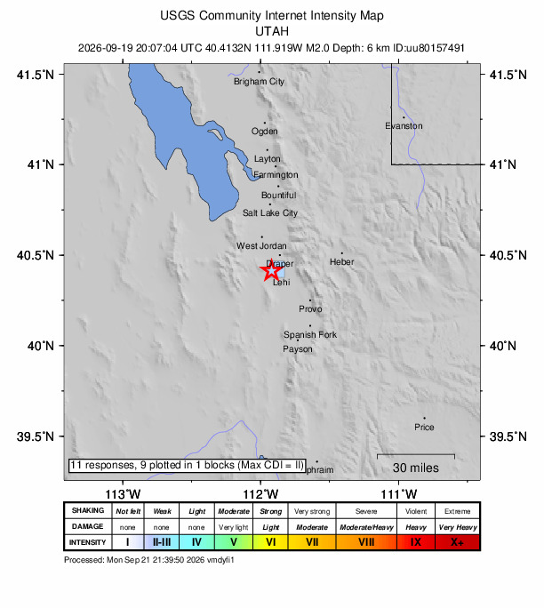 USGS DYFI community-reported intensity map for the M2.0 earthquake near 6 km WNW of Lehi, Utah