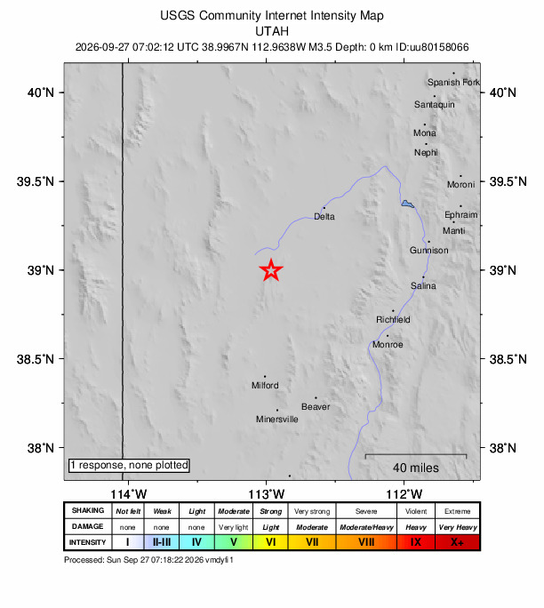 USGS DYFI community-reported intensity map for the M3.5 earthquake near 41 km SW of Deseret, Utah