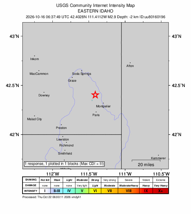 USGS DYFI community-reported intensity map for the M2.9 earthquake near 7 km W of Bennington, Idaho
