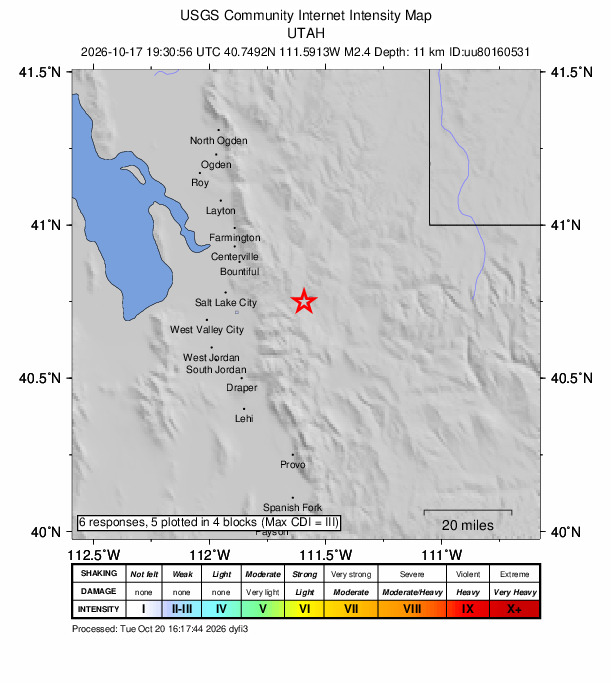 USGS DYFI community-reported intensity map for the M2.4 earthquake near 1 km ENE of Summit Park, Utah