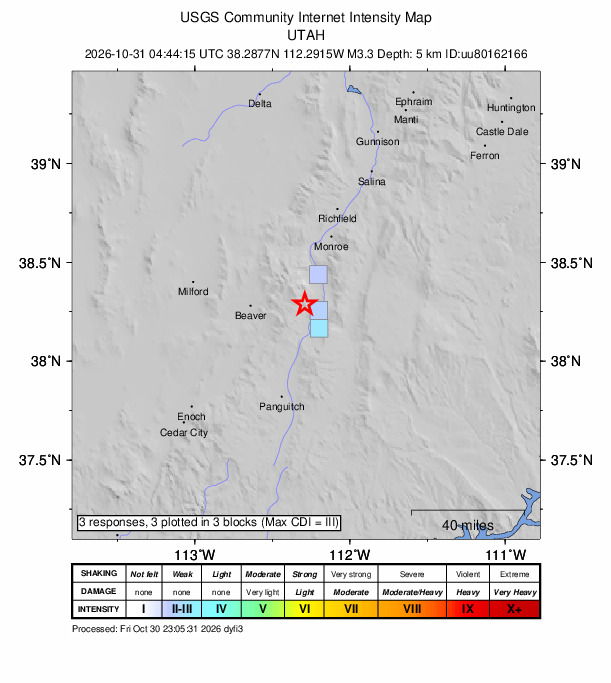 USGS DYFI community-reported intensity map for the M3.3 earthquake near 8 km NW of Junction, Utah