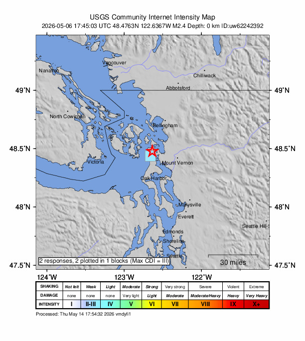 USGS DYFI community-reported intensity map for the M2.4 earthquake near 4 km SSW of Anacortes, Washington
