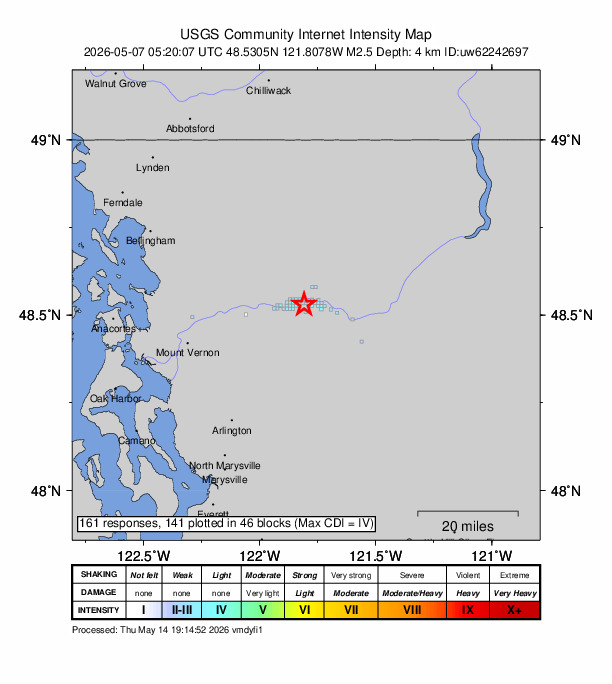 USGS DYFI community-reported intensity map for the M2.5 earthquake near 4 km WSW of Concrete, Washington