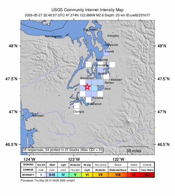 USGS DYFI community-reported intensity map for the M2.8 earthquake near 4 km W of Wauna, Washington
