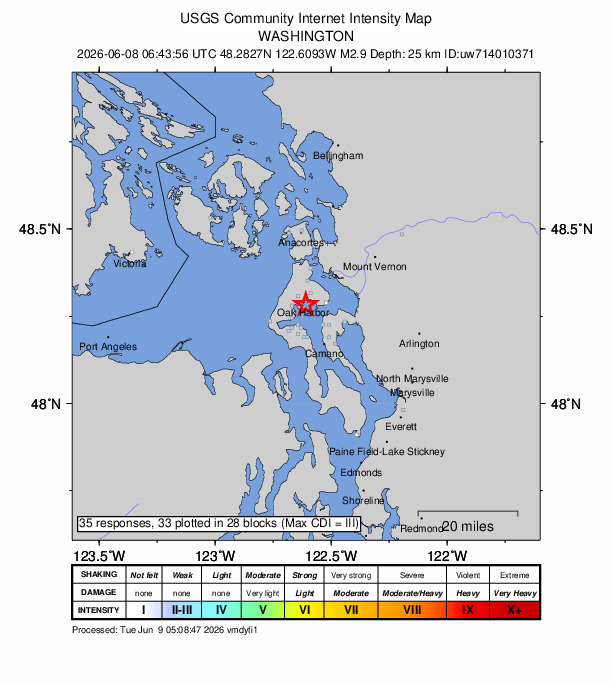 USGS DYFI community-reported intensity map for the M2.9 earthquake near 2 km ESE of Oak Harbor, Washington