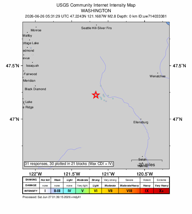 USGS DYFI community-reported intensity map for the M2.8 earthquake near 1 km SSE of Easton, Washington