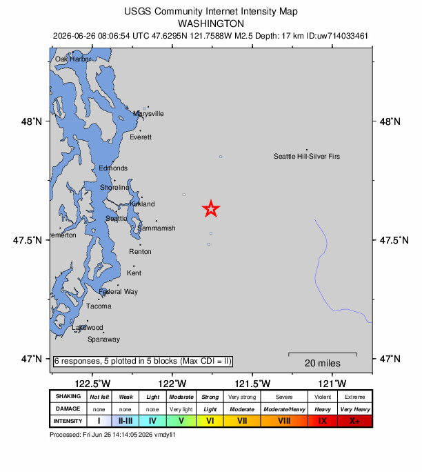 USGS DYFI community-reported intensity map for the M2.5 earthquake near 11 km E of Carnation, Washington
