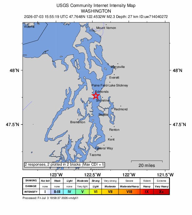 USGS DYFI community-reported intensity map for the M2.3 earthquake near 5 km SE of Kingston, Washington